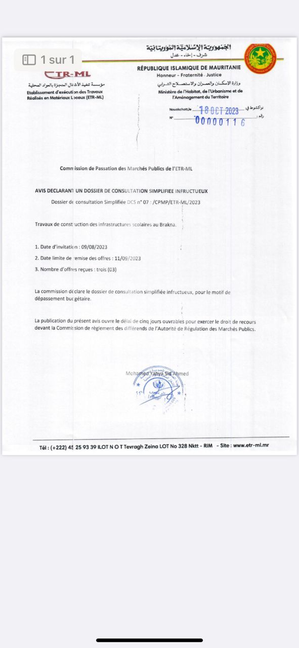 Avis déclarant infructueux