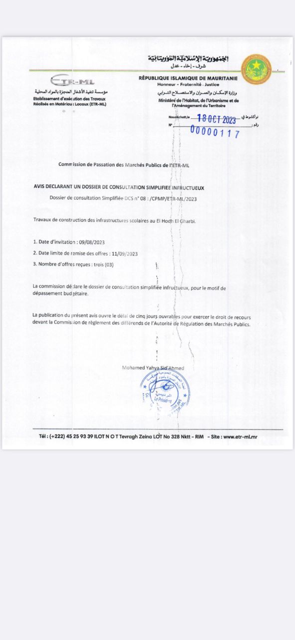 Avis déclarant infructueux